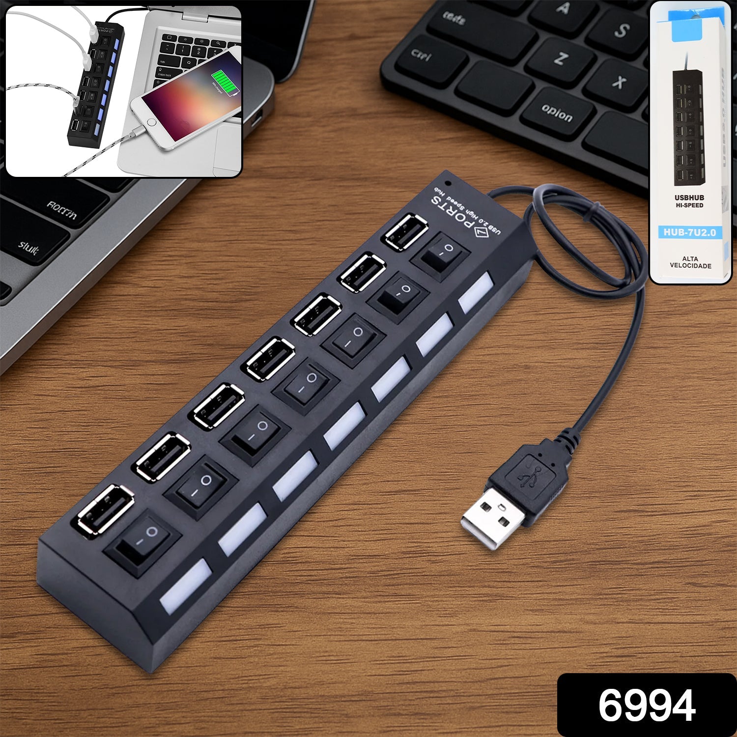 Close-up of the 7 port USB 2.0 hub, highlighting each data port.