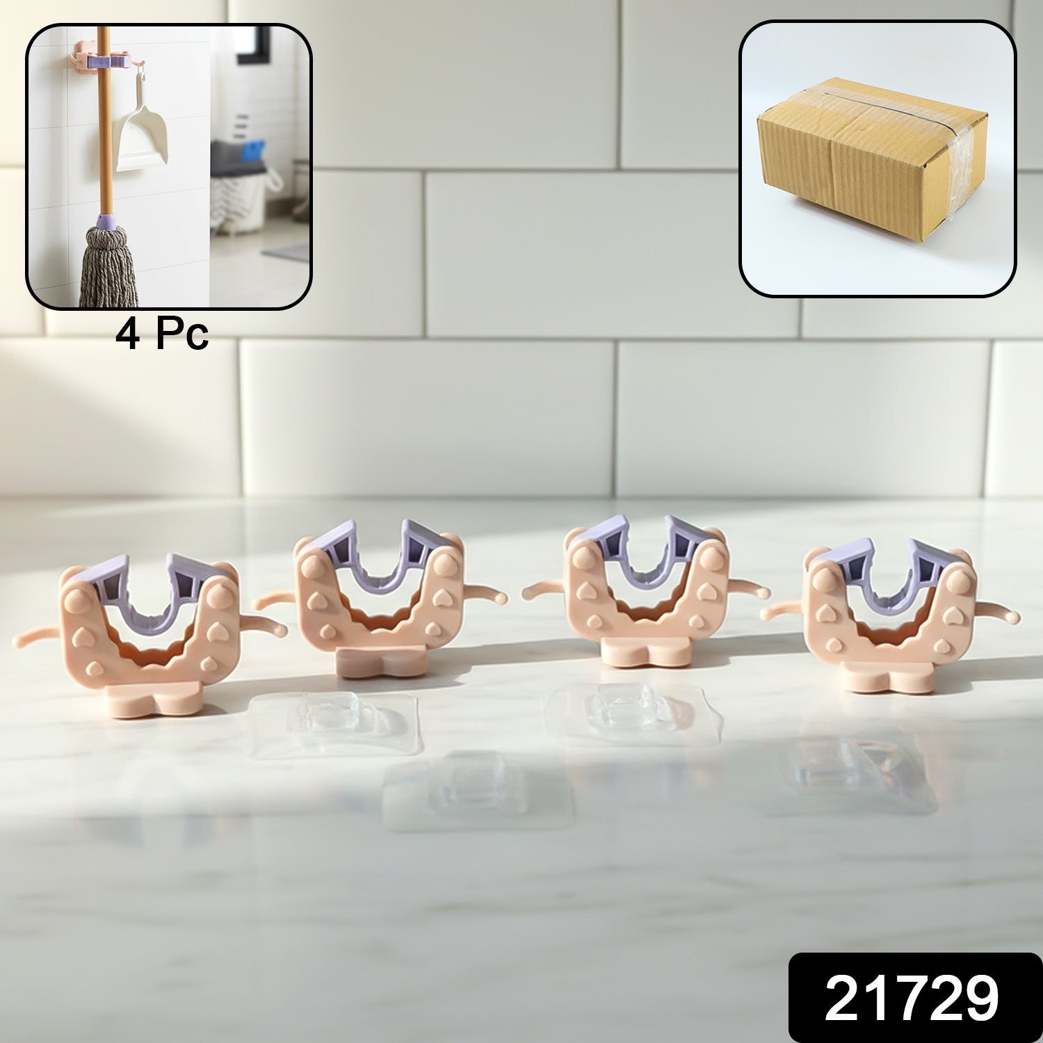 Mop holder clip mounted on white wall holding mop securely