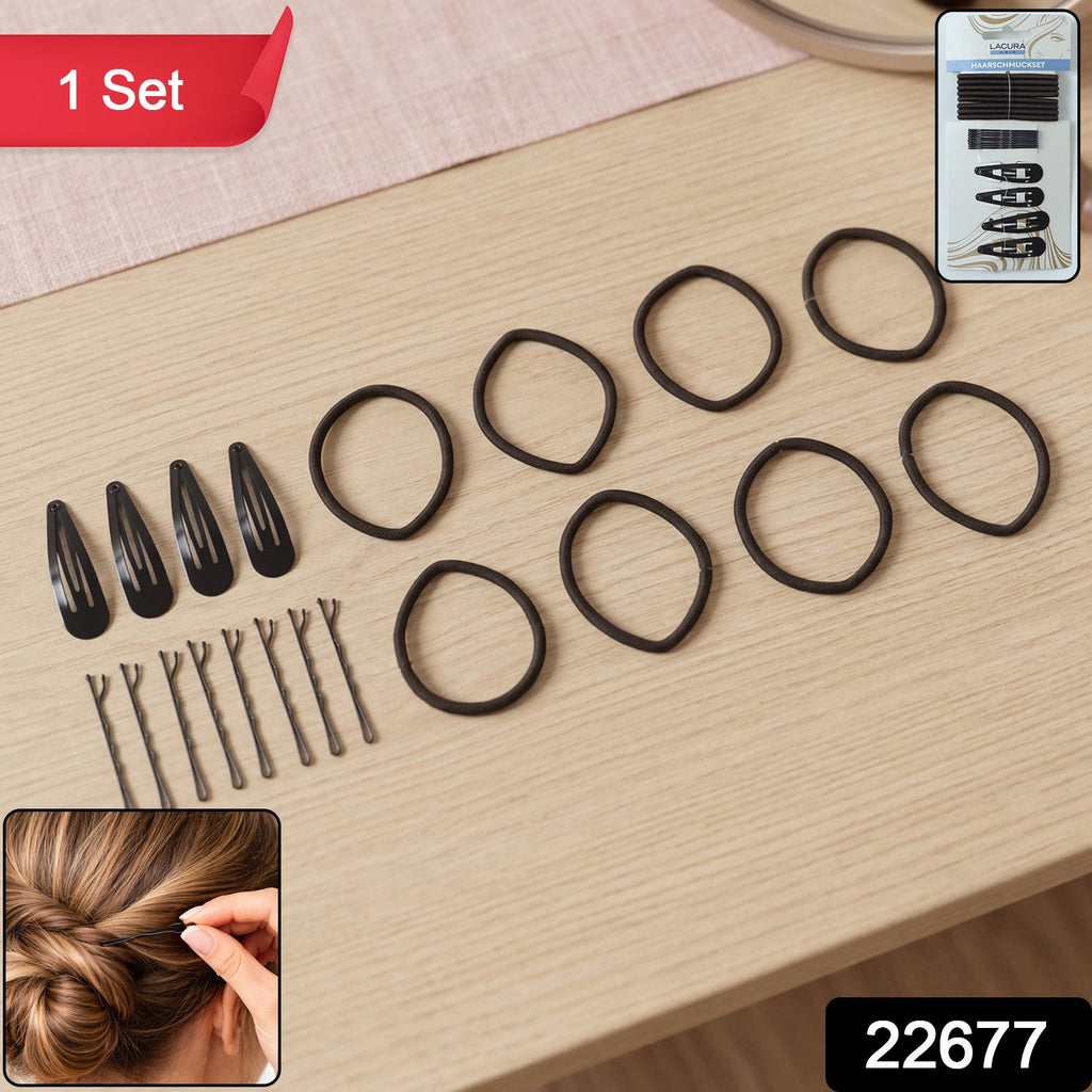 Hair styling kit with rubber bands, bobby pins, and snap clips