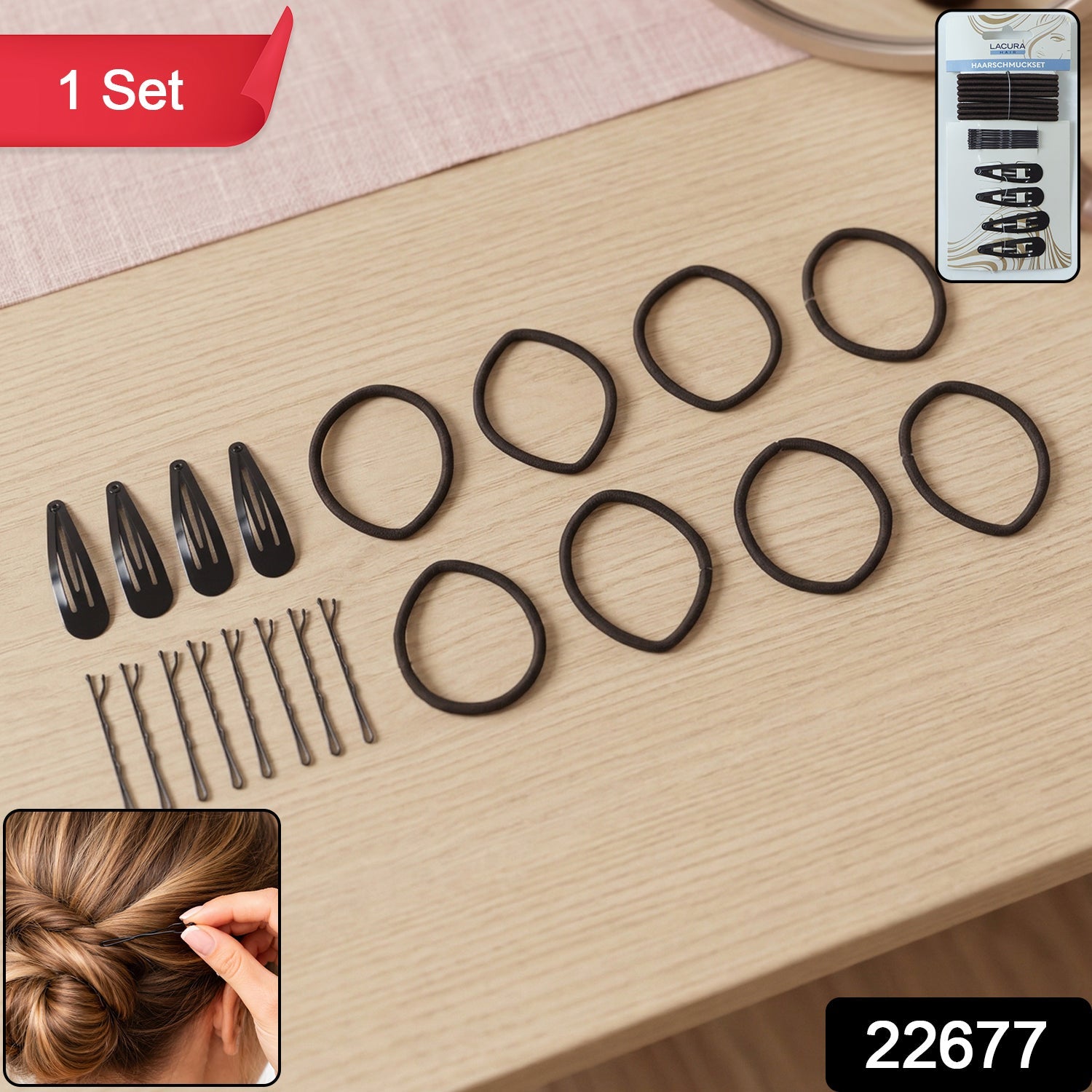 Hair styling kit with rubber bands, bobby pins, and snap clips