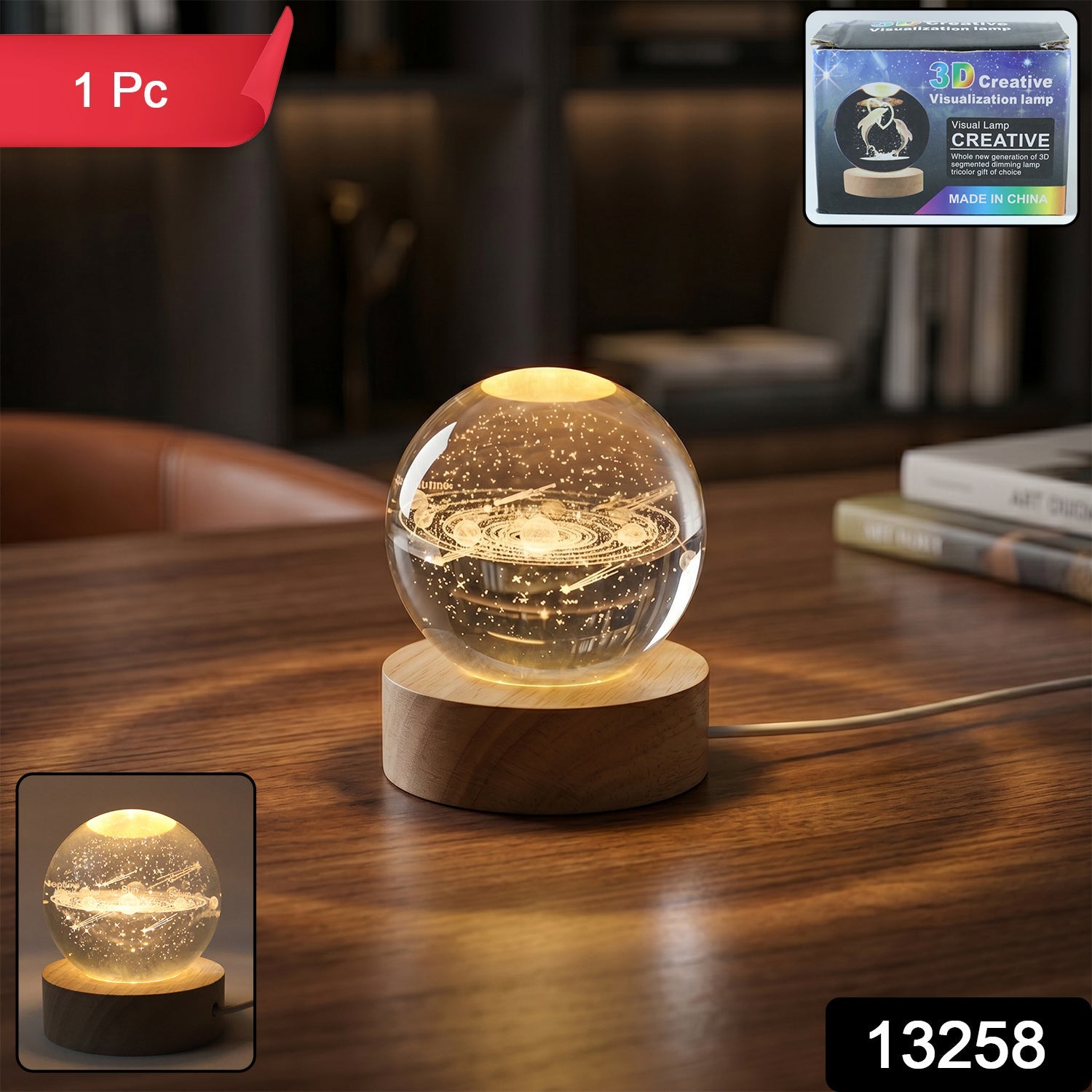 Close-up of the intricate 3D galaxy design inside the crystal ball lamp.