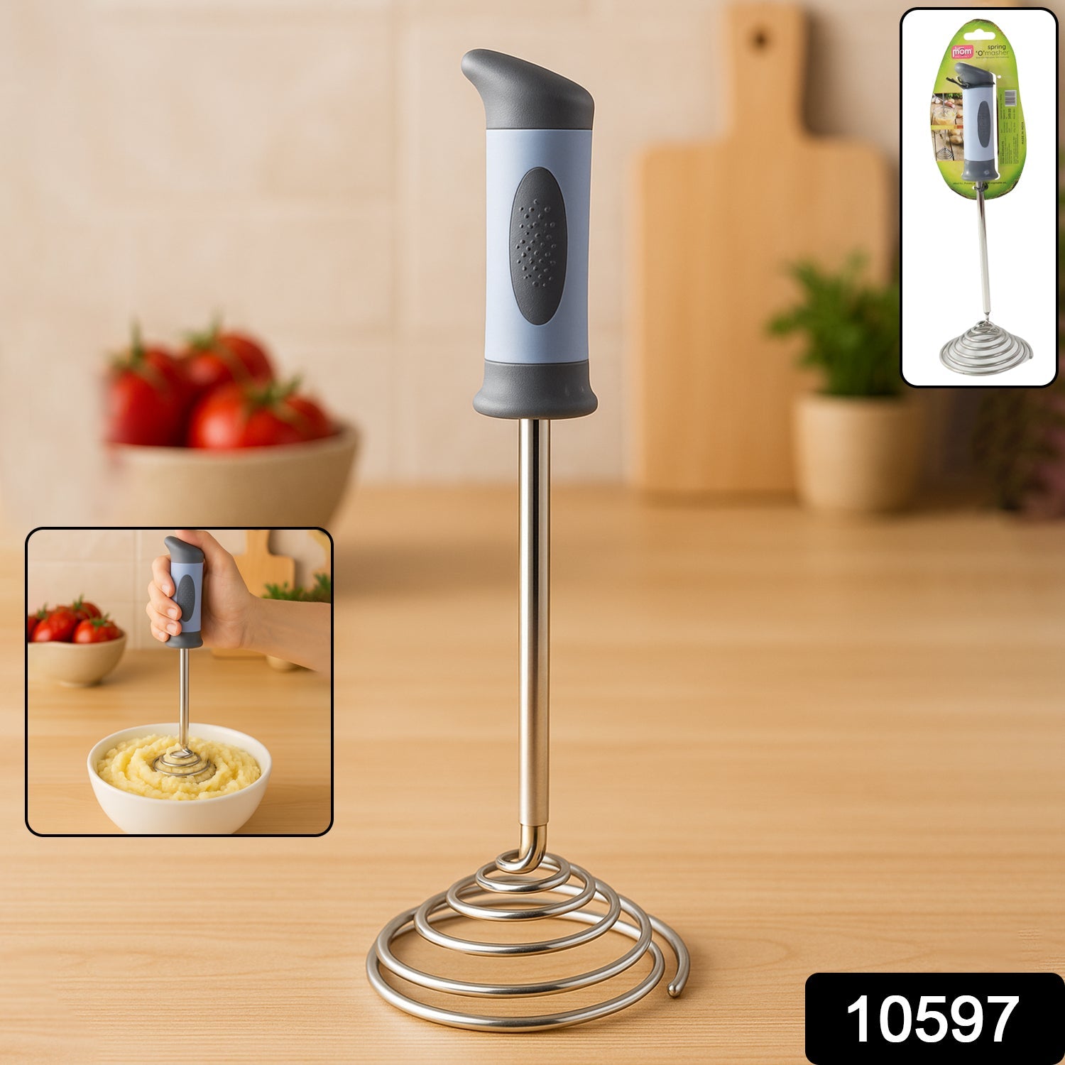 Close-up of stainless steel spring o’masher with ergonomic handle for vegetable mashing