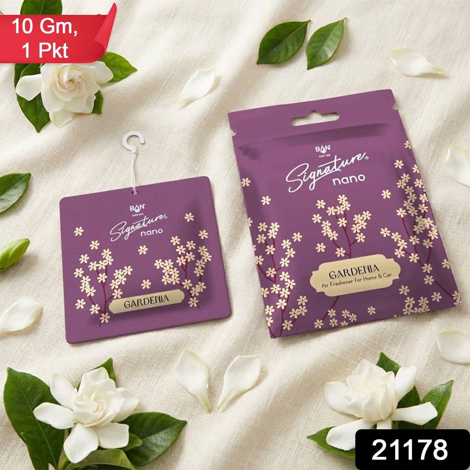 Close-up texture of Gardenia scented hanging air freshener sachet.
