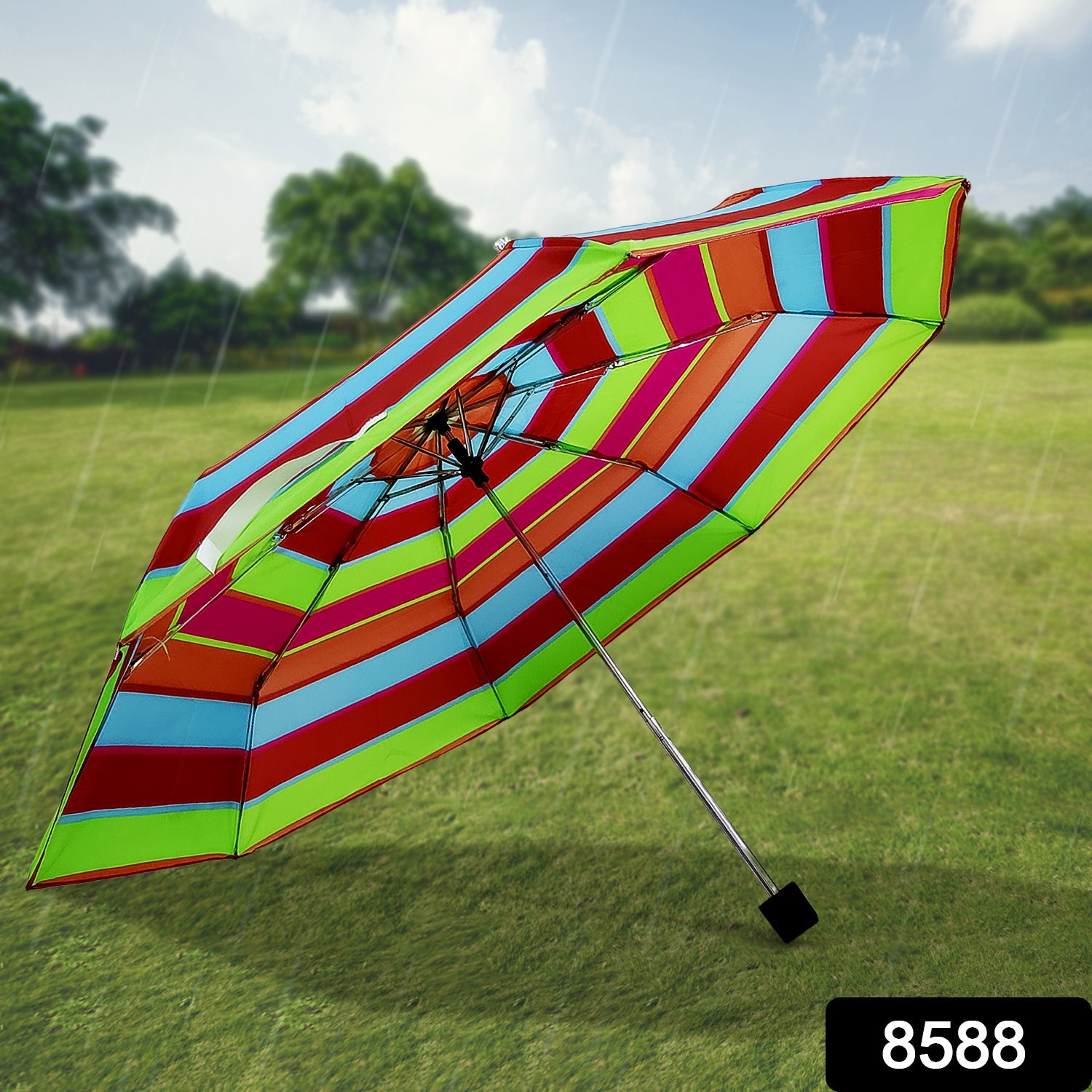 Compact travel umbrella with folding mechanism and comfortable handle