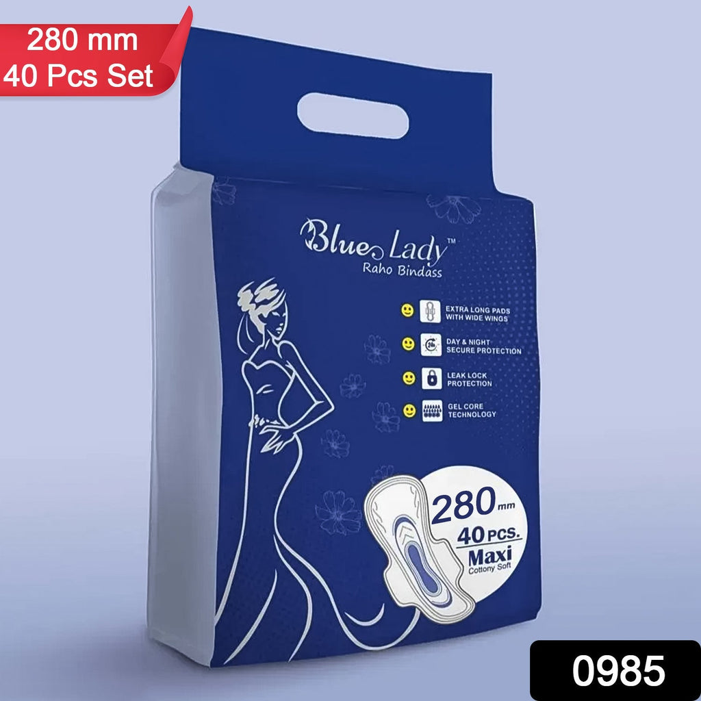 Close-up of a single Blue Lady 280mm sanitary pad, highlighting its soft texture and wide wings.