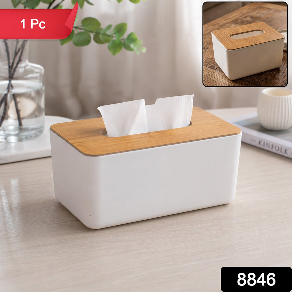 Close-up of the natural wood grain on the bamboo tissue box holder.