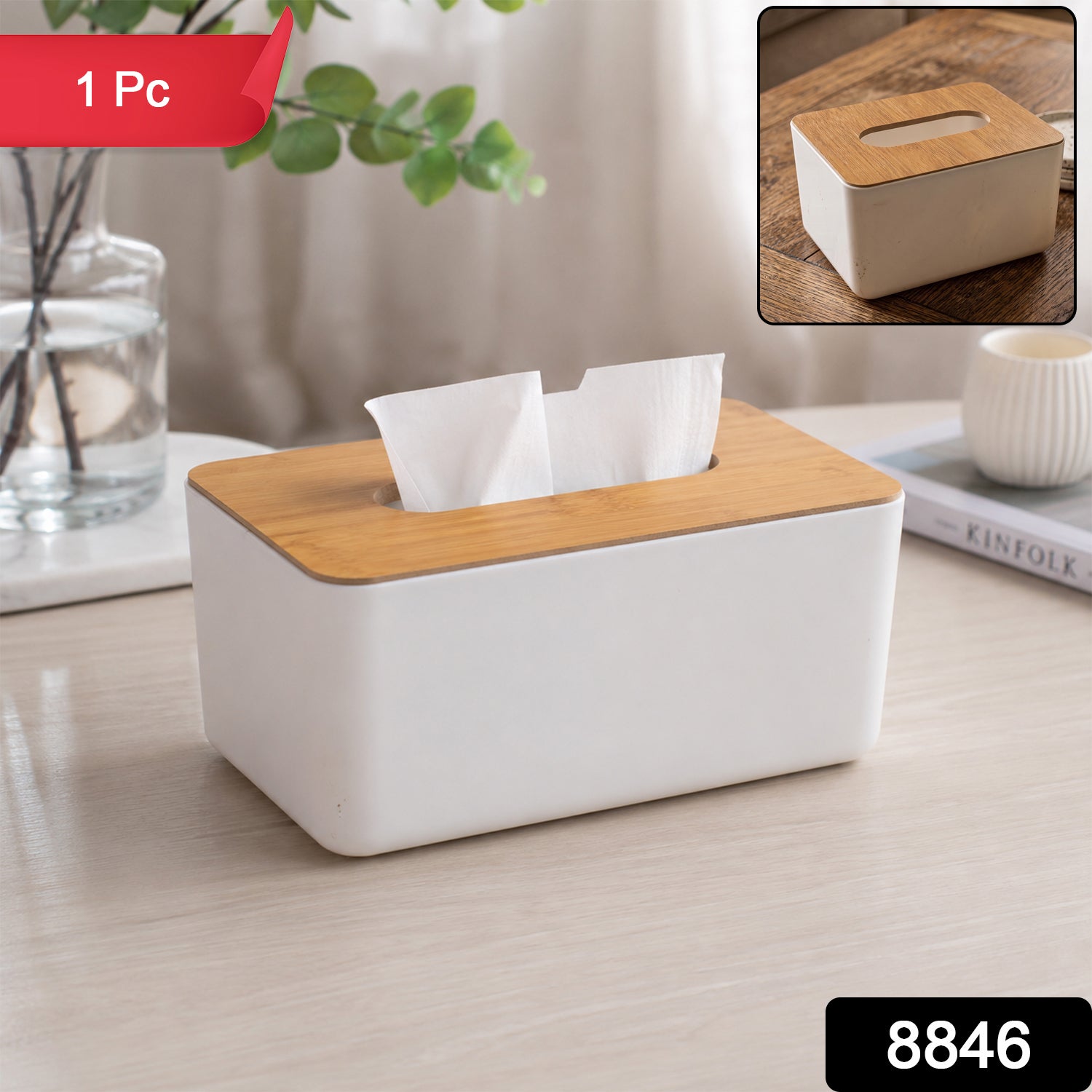 Close-up of the natural wood grain on the bamboo tissue box holder.