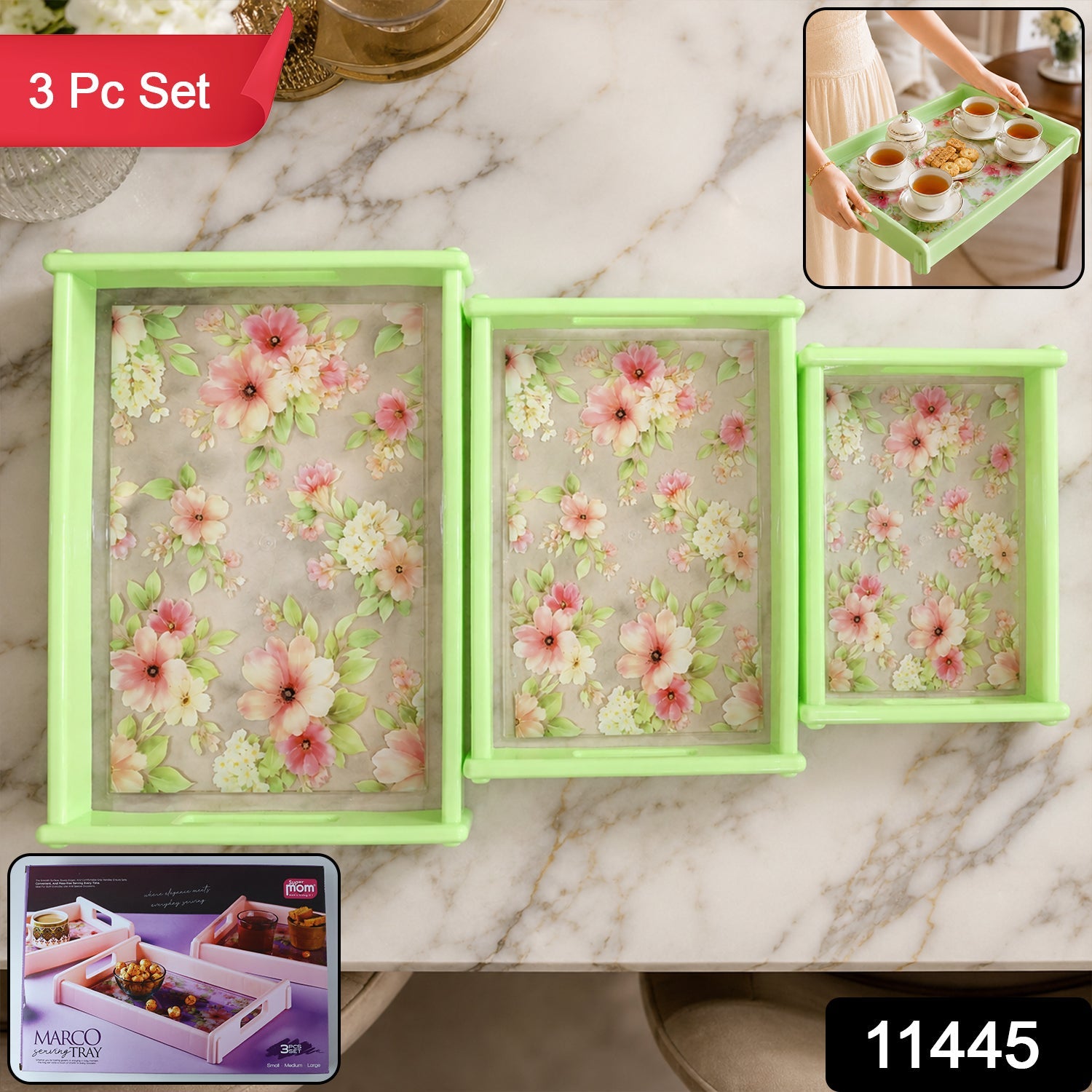 Elegant Floral Design Serving Tray for Tea and Snacks