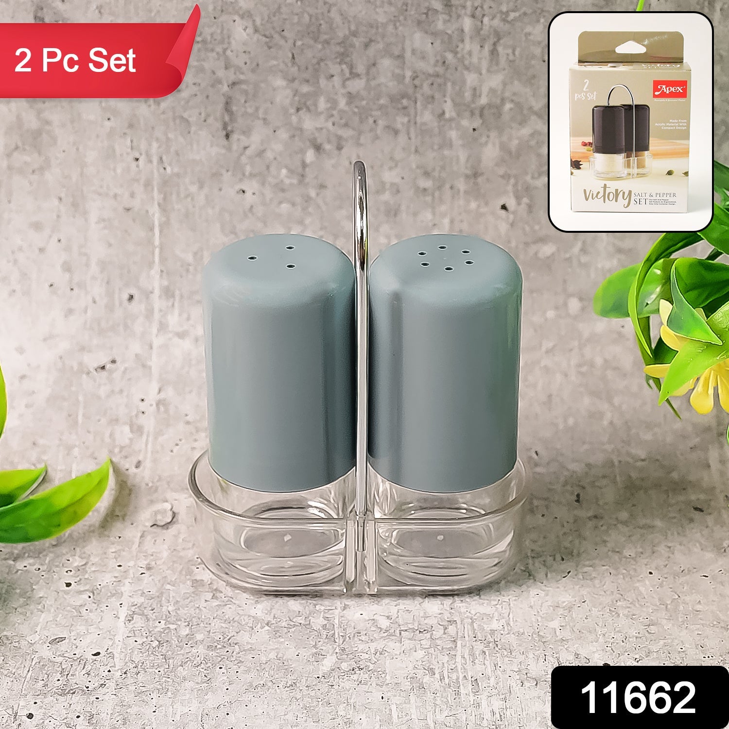 Two-piece salt and pepper dispenser set showcasing ergonomic design and transparency