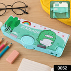 Interior compartments of the space-themed magnetic pencil box for school.