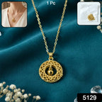 front view of golden necklace with detailed intricate round pendant
