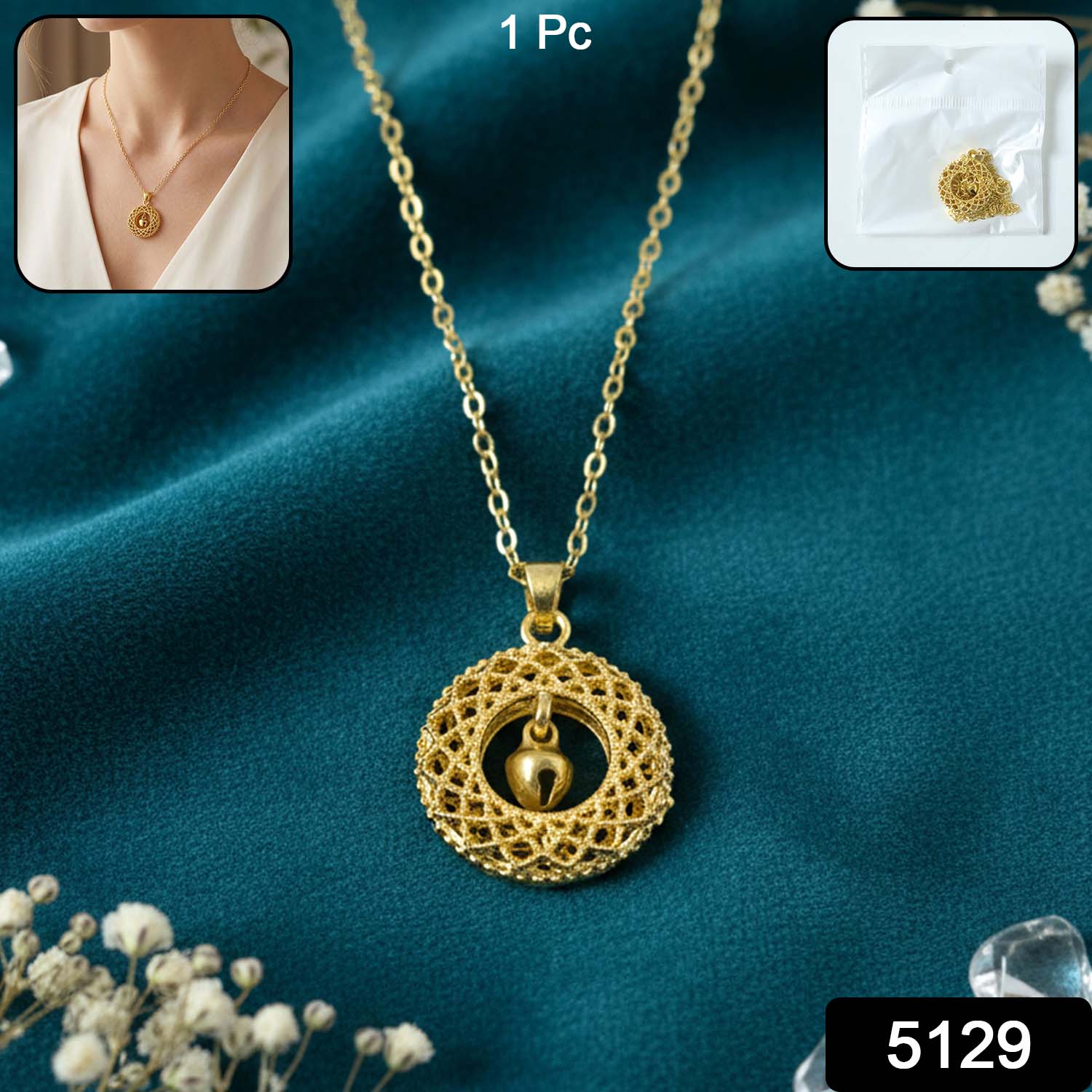 front view of golden necklace with detailed intricate round pendant