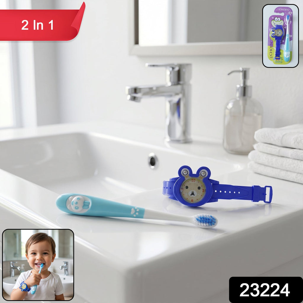 Children's toothbrush with soft bristles and playful wristwatch toy