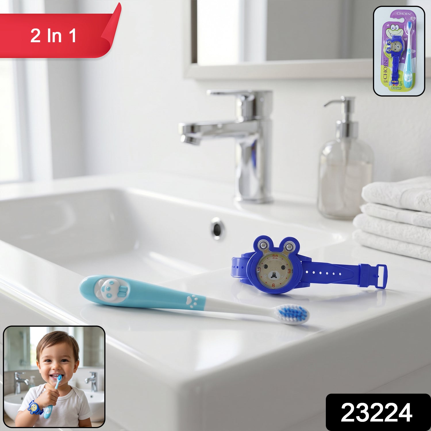 Children's toothbrush with soft bristles and playful wristwatch toy