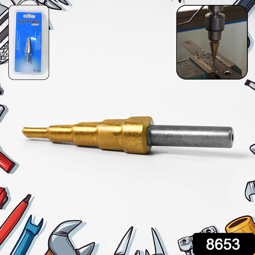 Close-up of the titanium-coated tip of the HSS Step Drill Bit, showing its sharp cutting edge.