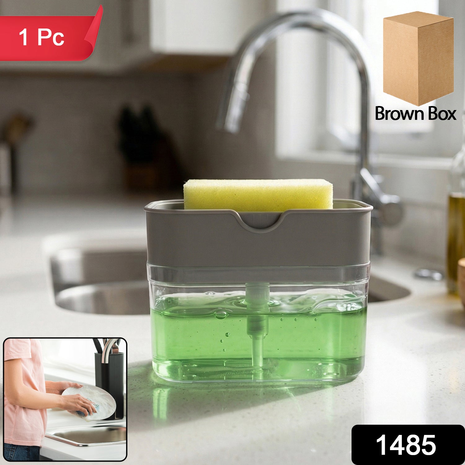 Close-up of the pump mechanism on the dish soap dispenser for easy use.