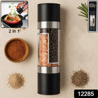 Close-up showing dual chamber compartments of salt and pepper grinder