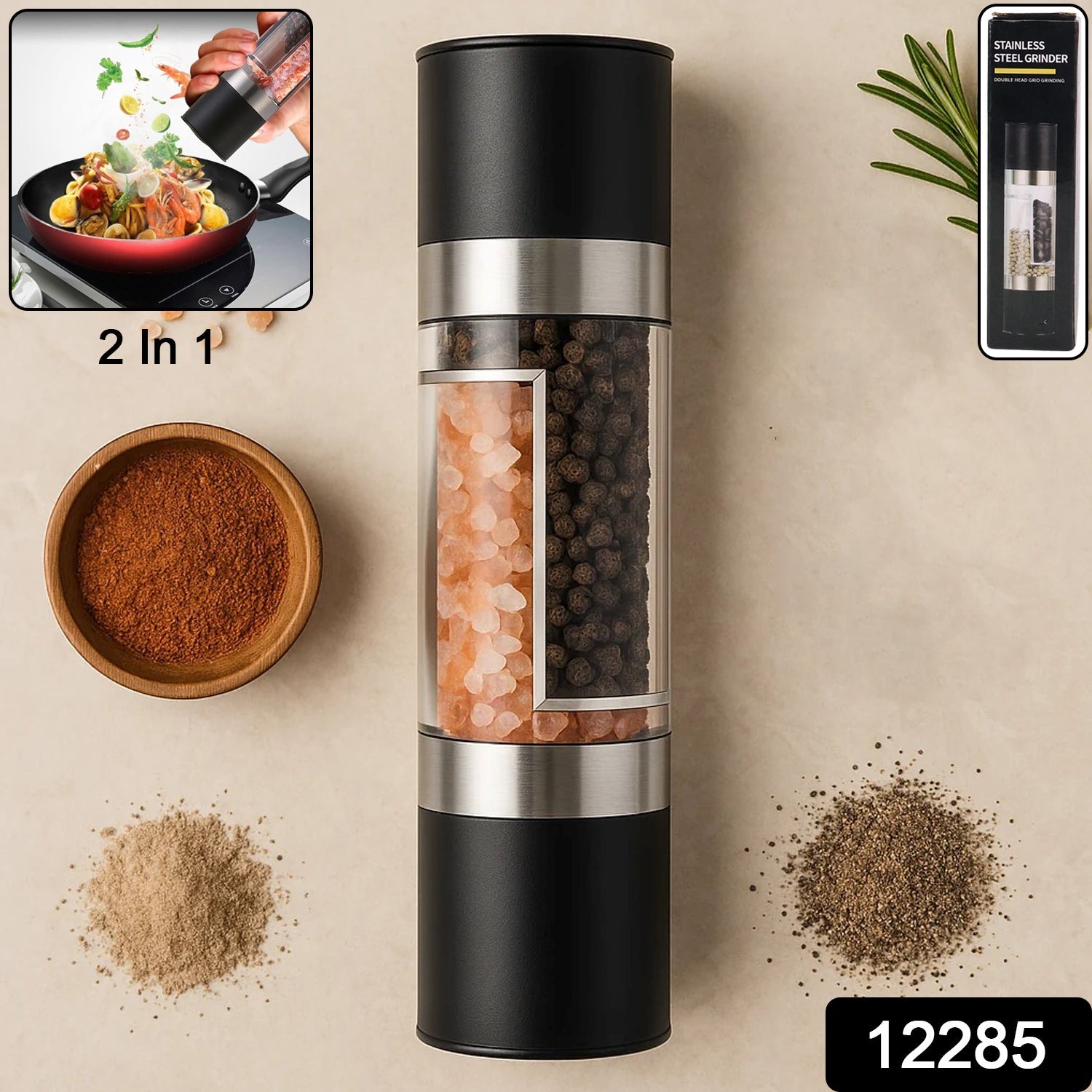 Close-up showing dual chamber compartments of salt and pepper grinder