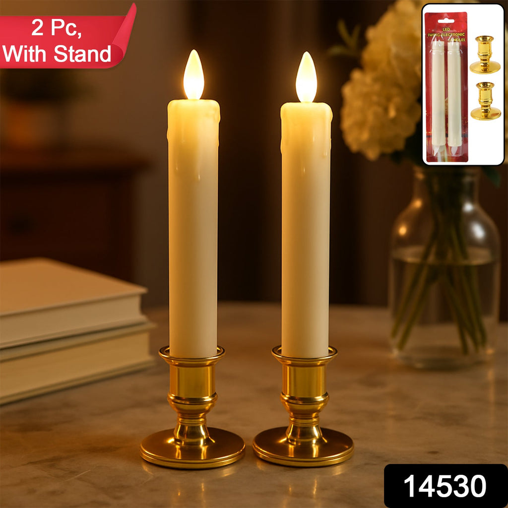 Close-up of LED flameless taper candle showing realistic flame light and classic design