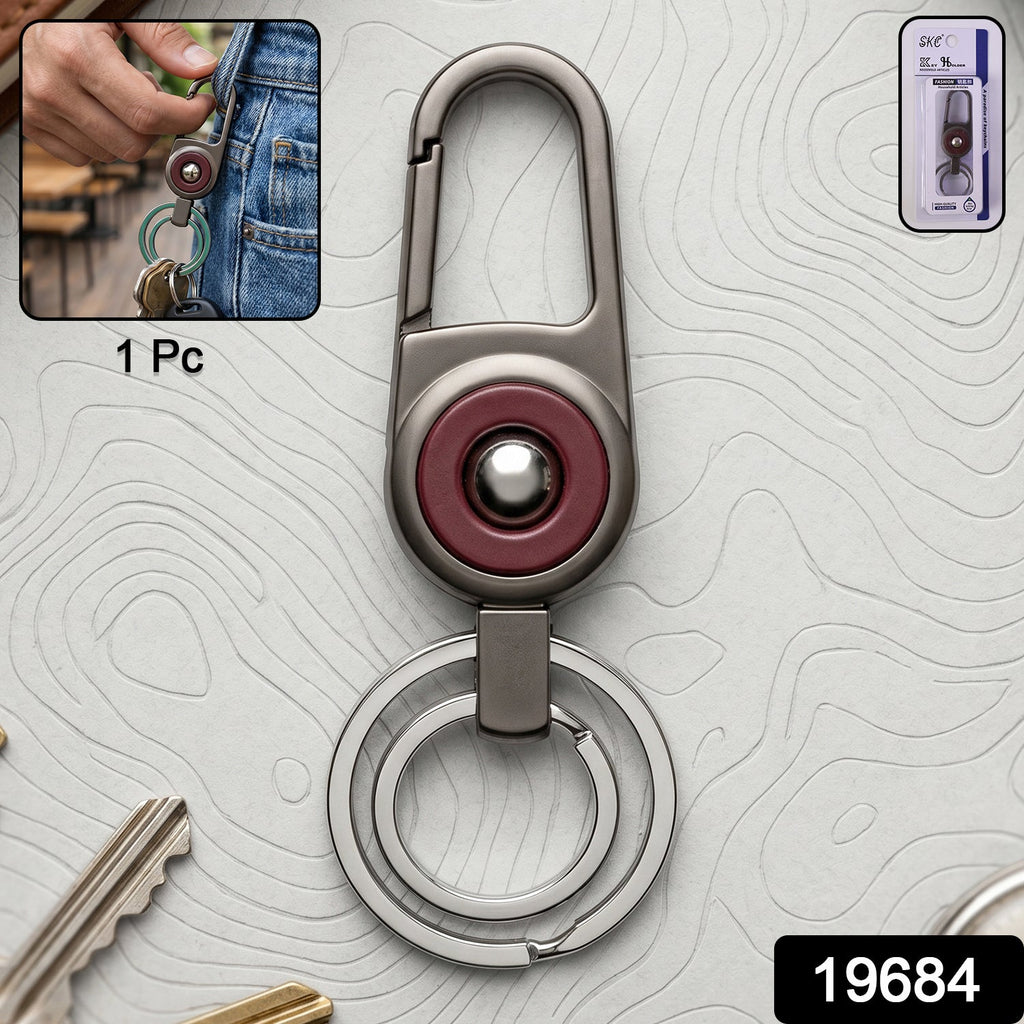 Close-up of metal key holder with sleek modern finish and secure locking carabiner