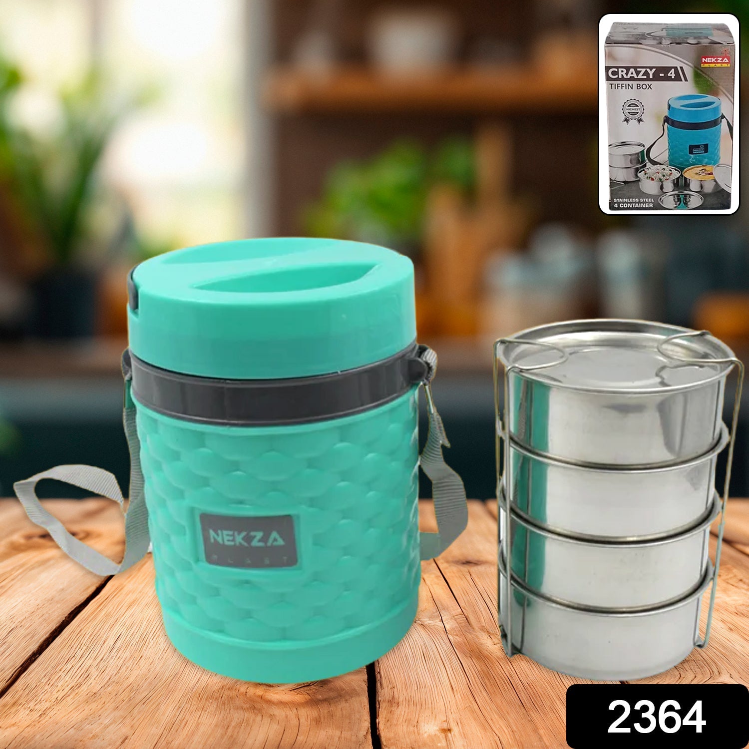 Close-up of the Nekza stackable insulated tiffin, highlighting its secure latches.