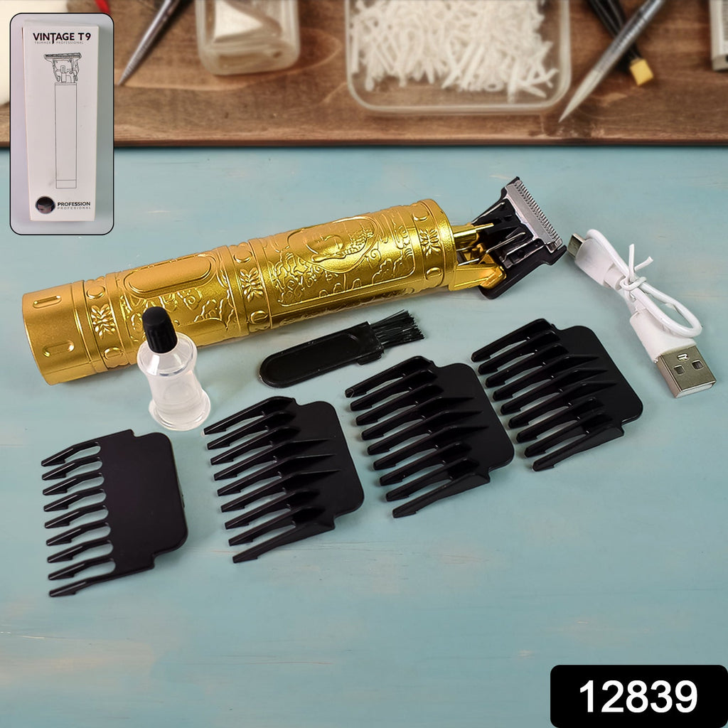 Complete men's grooming kit including electric trimmer, guide combs, charger, oil, and brush.