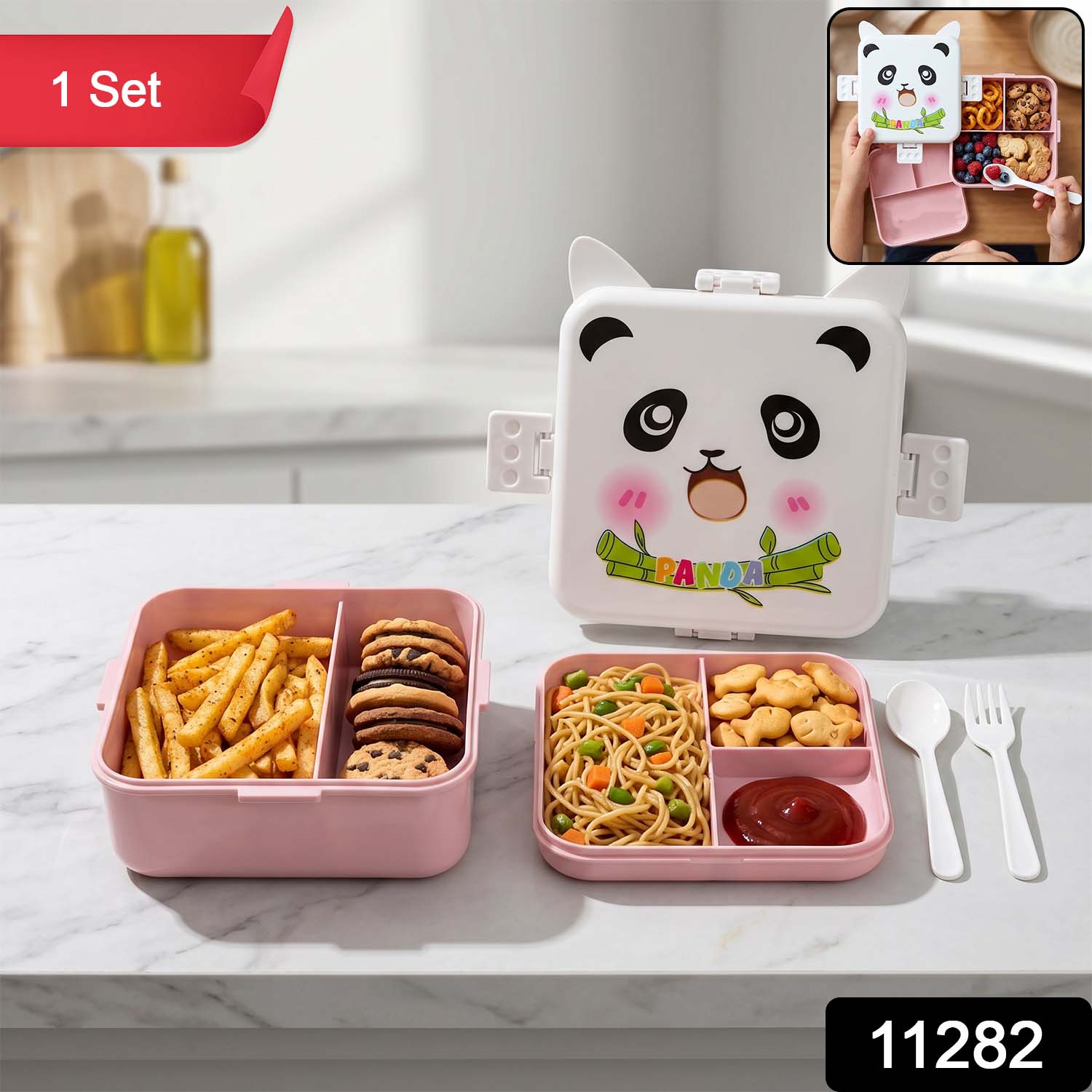 Panda-designed kids tiffin box with multiple compartments