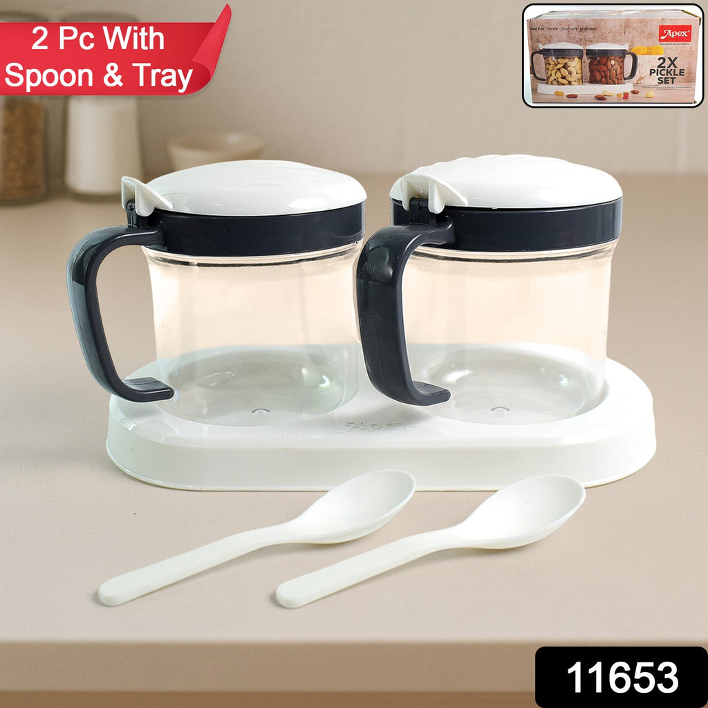 Two polycarbonate pickle jars with air-tight lids and matching serving spoons