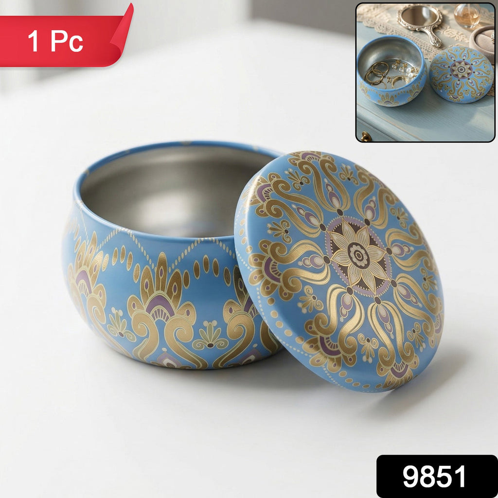 Mandala metal tin container used as organizer for candles or small items
