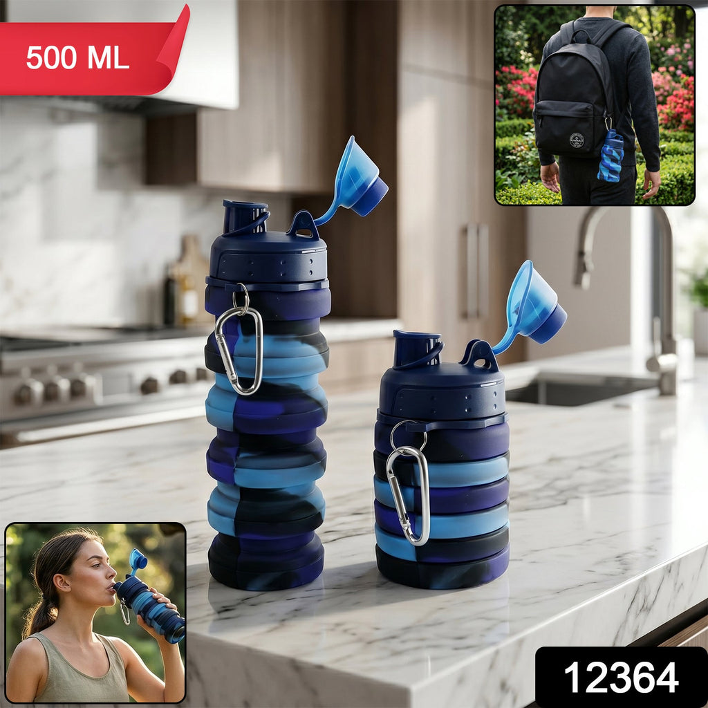 Folded collapsible silicone water bottle compactly stored for travel
