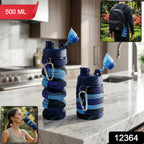 Folded collapsible silicone water bottle compactly stored for travel