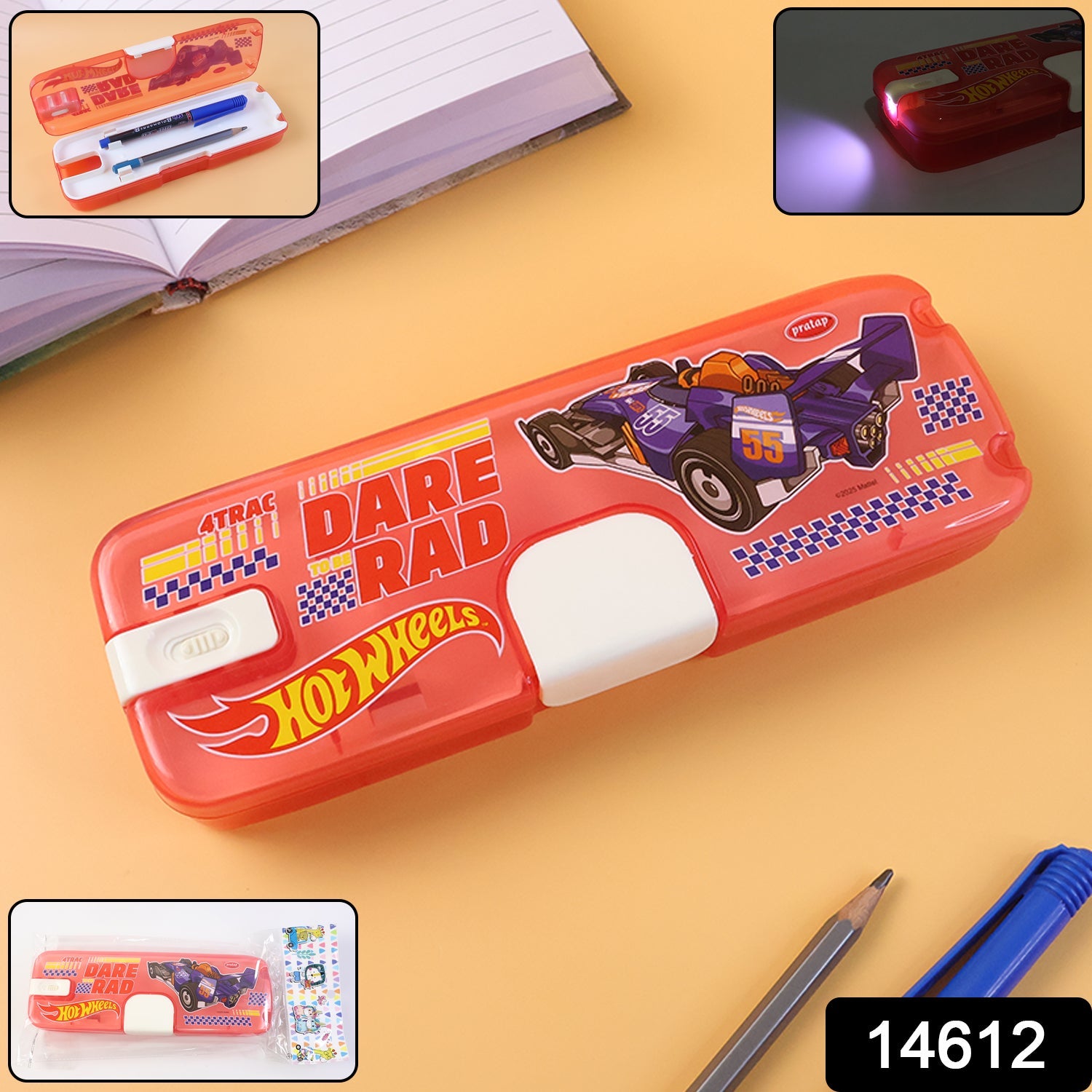 Top-down view of the LED Light Pencil Box revealing dual-layered compartments.