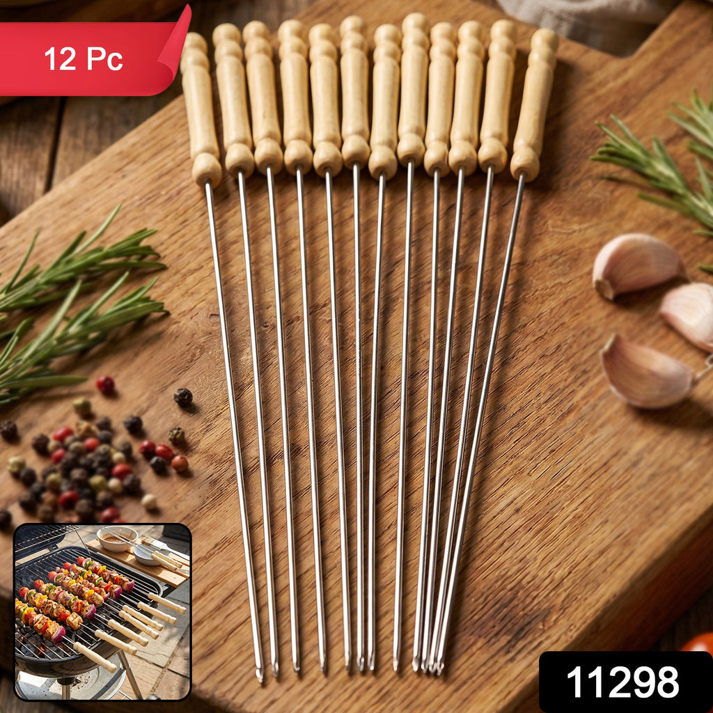 Set of 12 stainless steel barbecue skewers with wooden handles