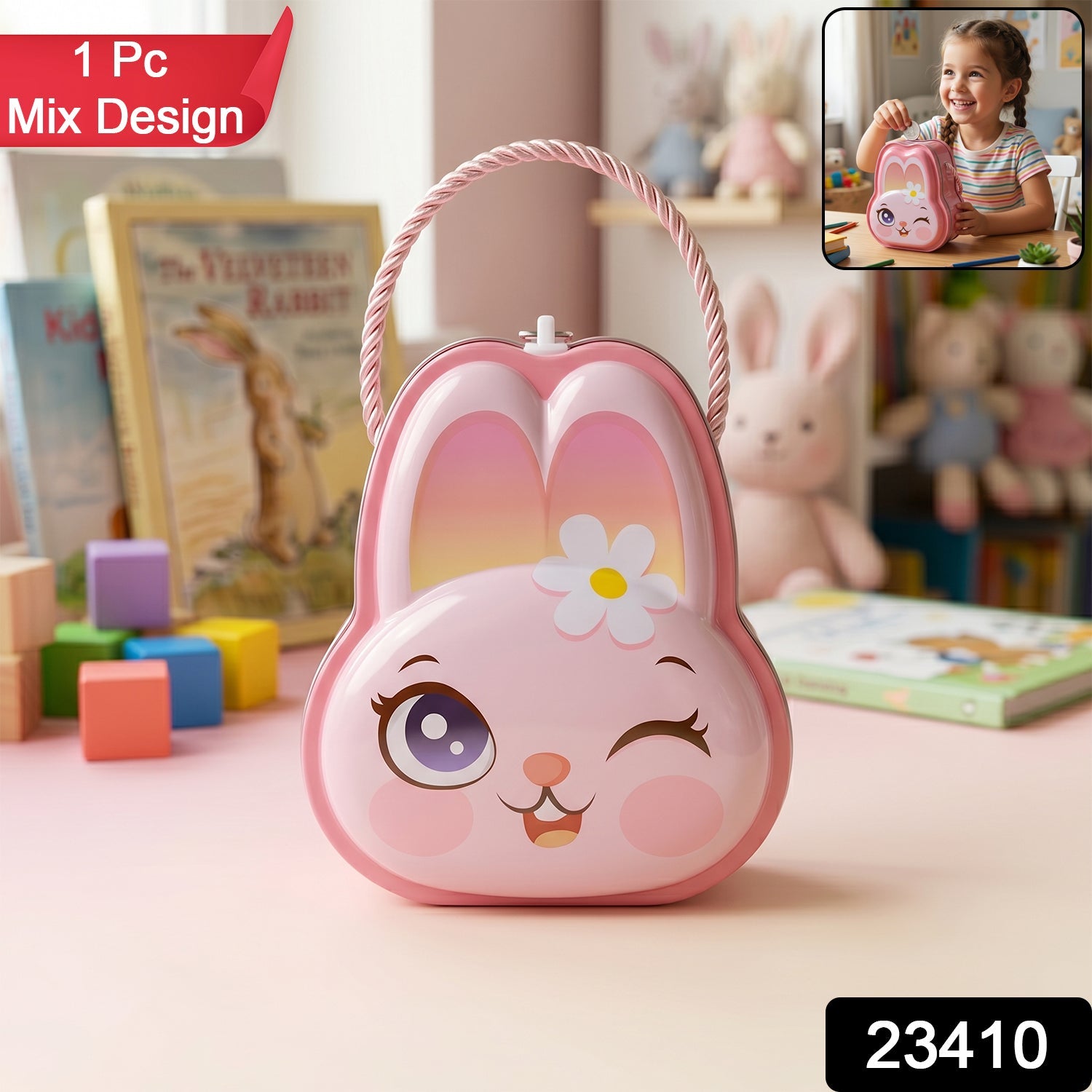 Cute pink bunny piggy bank featuring a flower detail, designed for children