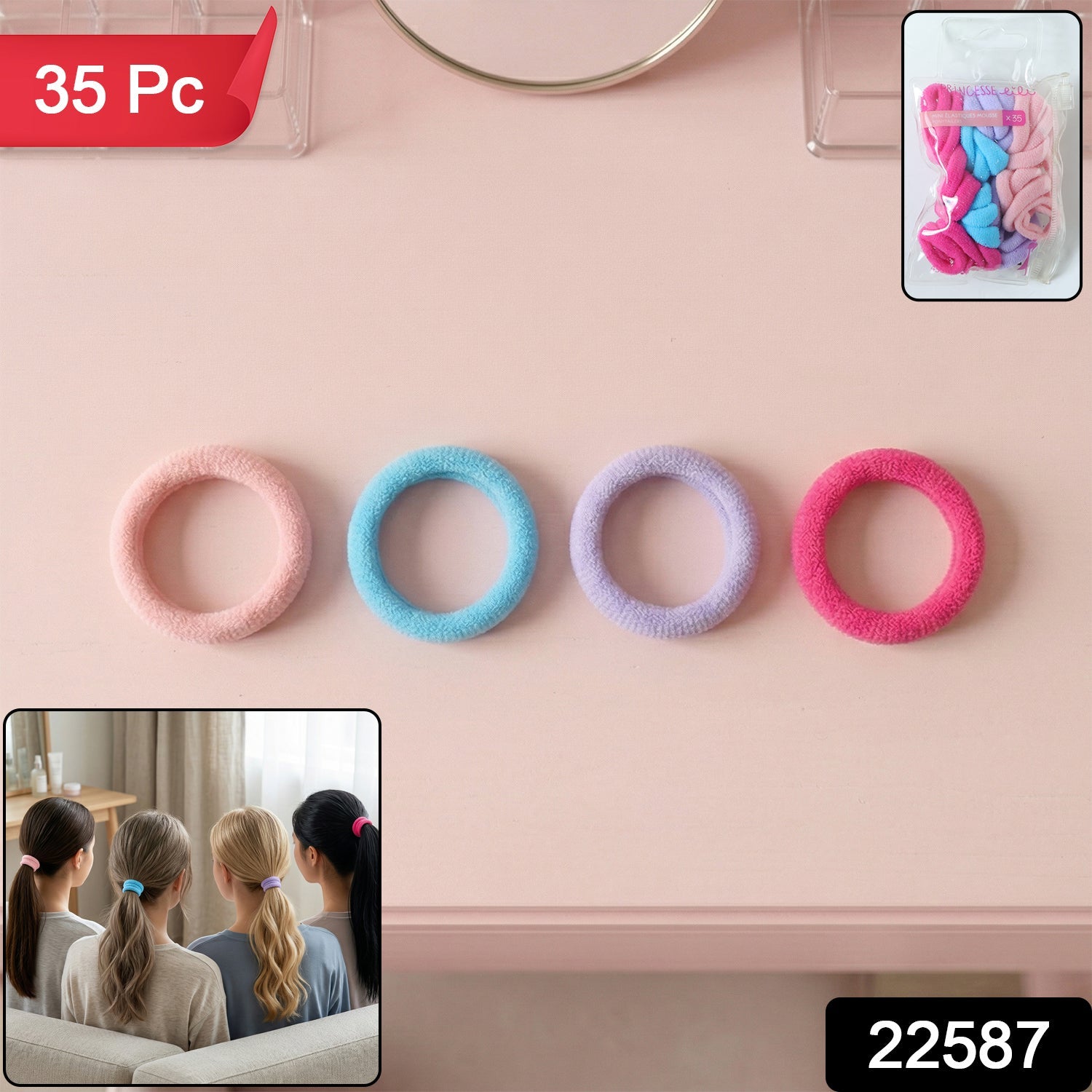 Close-up of elastic hair ties showing stretchability and color variety