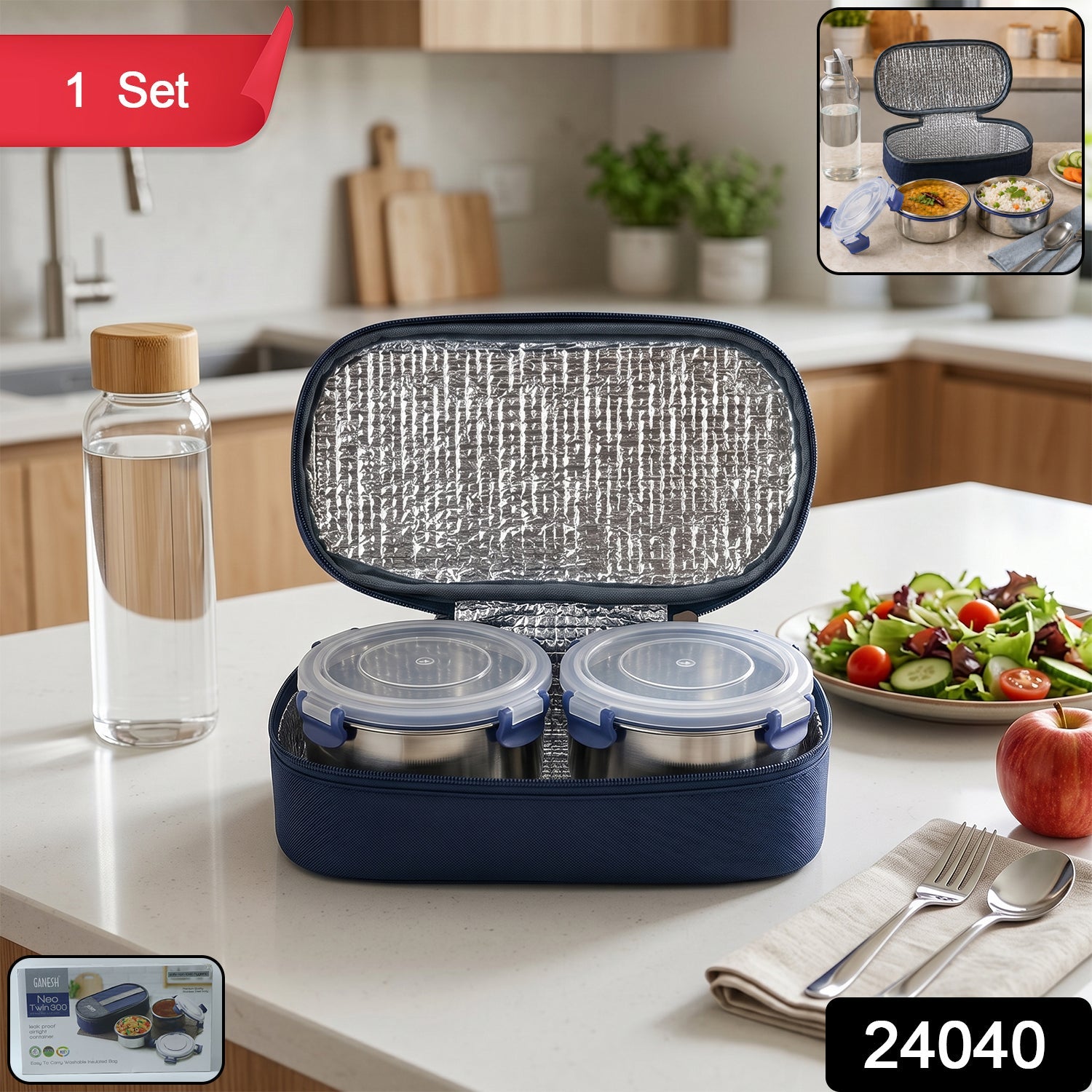 Stainless steel food containers in insulated carry bag