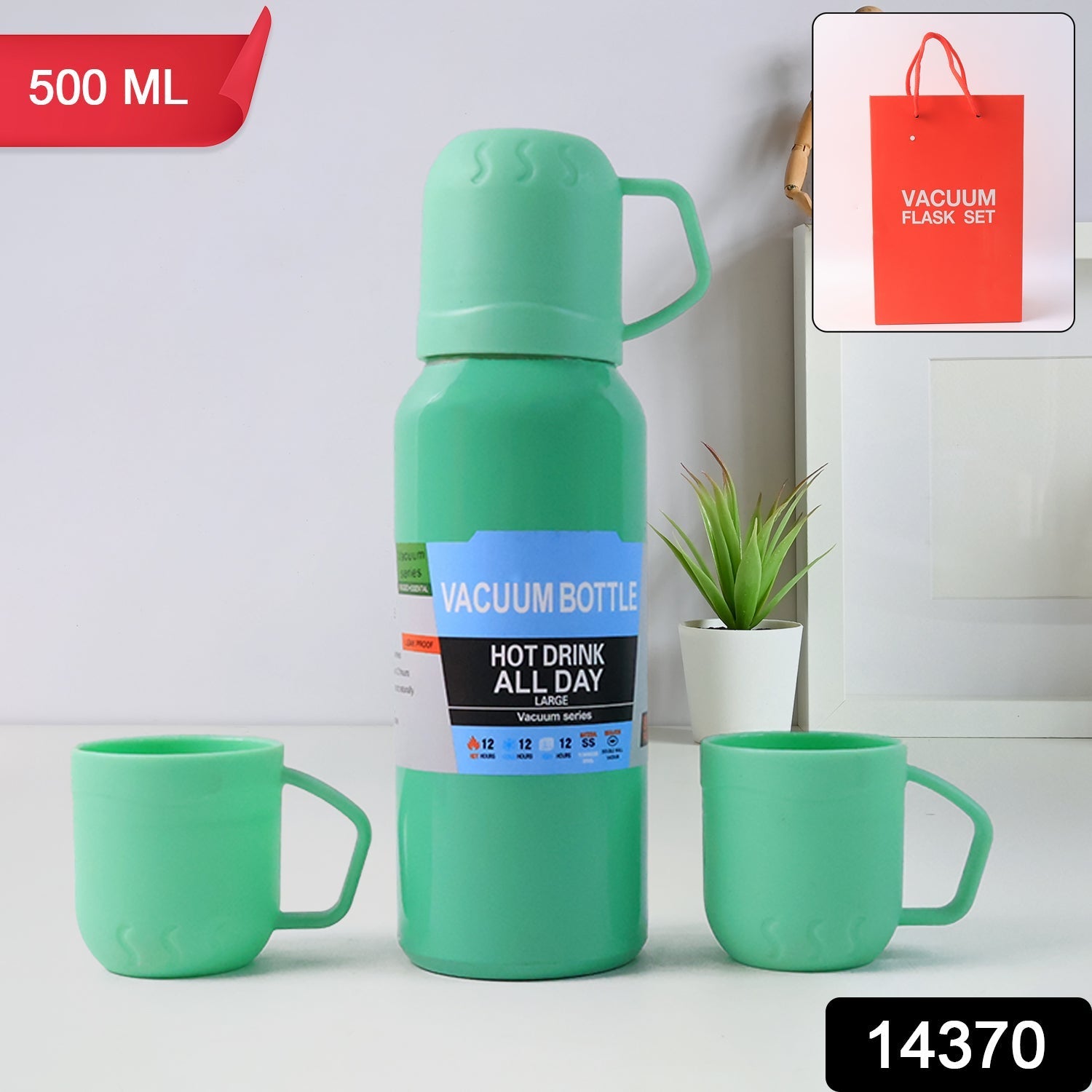 Hot and cold insulated thermos flask with leak-proof lid in green color