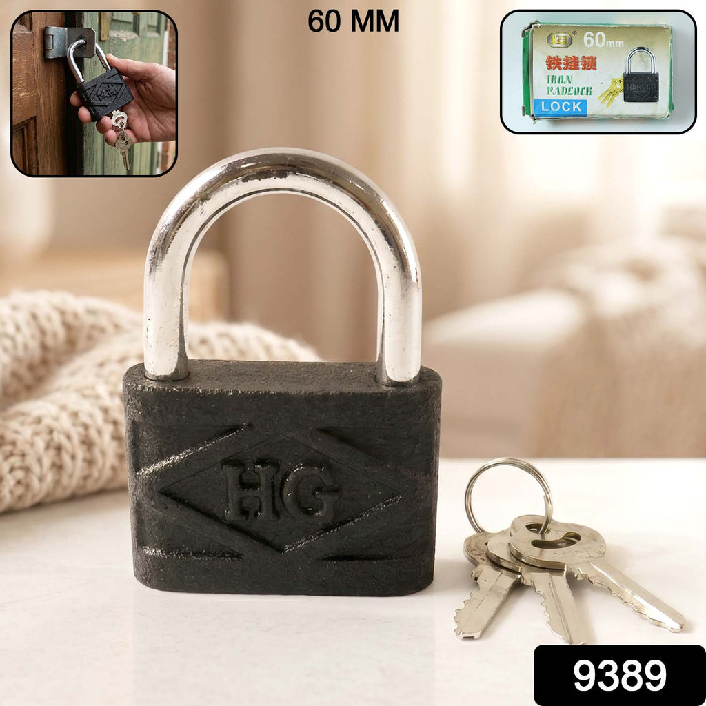 Close-up of the 60mm iron padlock's hardened steel shackle and durable body.