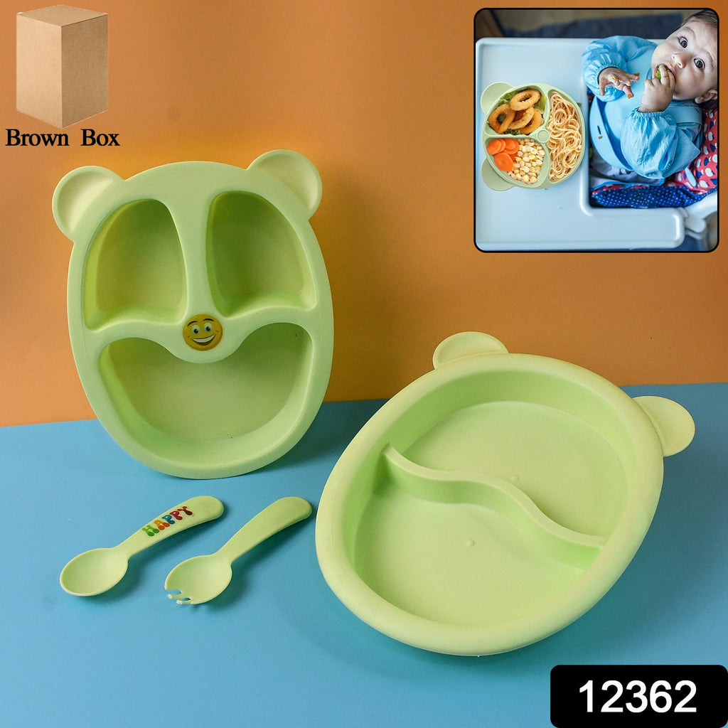 Colorful 4-piece baby mealtime set including feeding spoons and divided plates