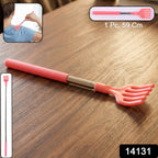 Extendable back scratcher showing its full length and ergonomic handle.