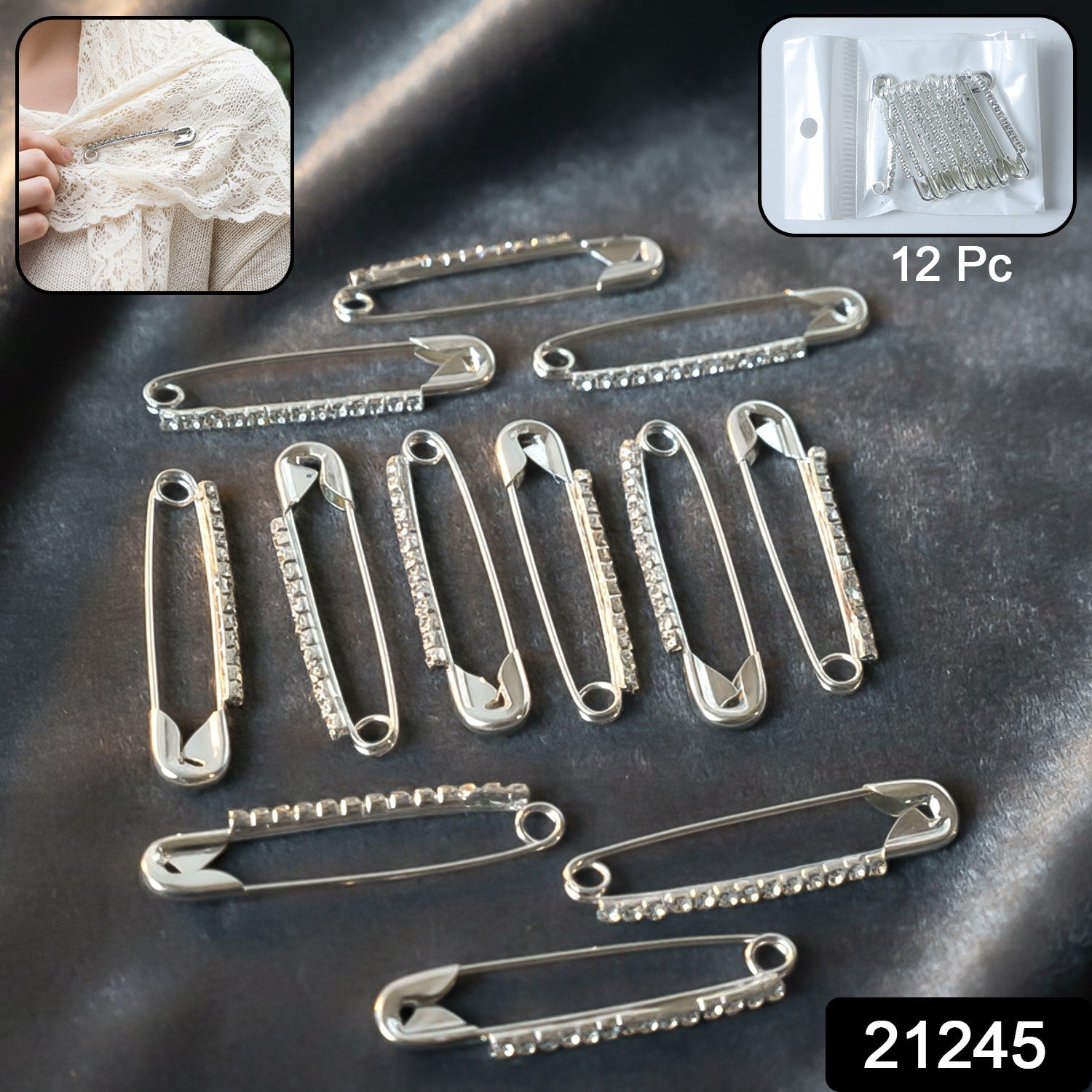 12-piece silver safety pin brooch set with crystal stone accents