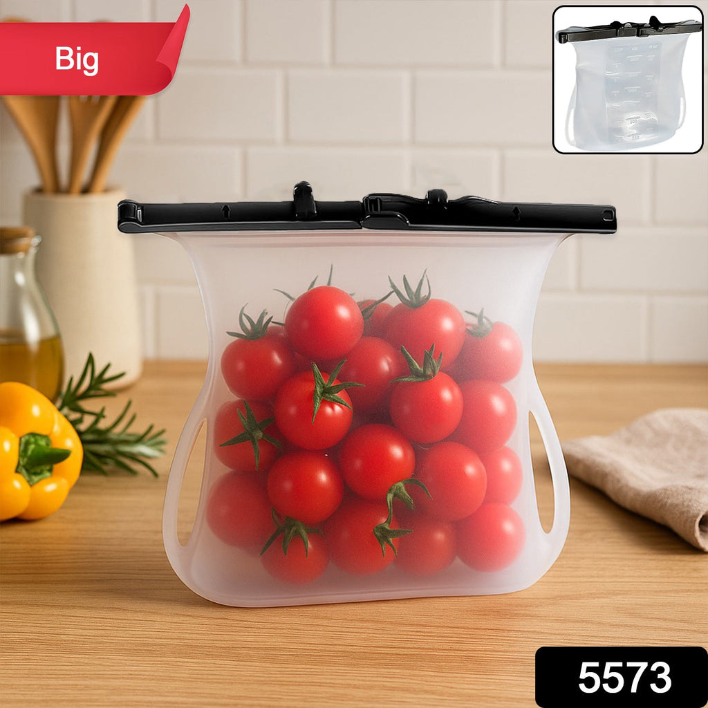 Close-up of a Reusable Silicone Food Storage Bag filled with fresh vegetables, highlighting its transparent material.