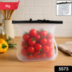 Close-up of a Reusable Silicone Food Storage Bag filled with fresh vegetables, highlighting its transparent material.