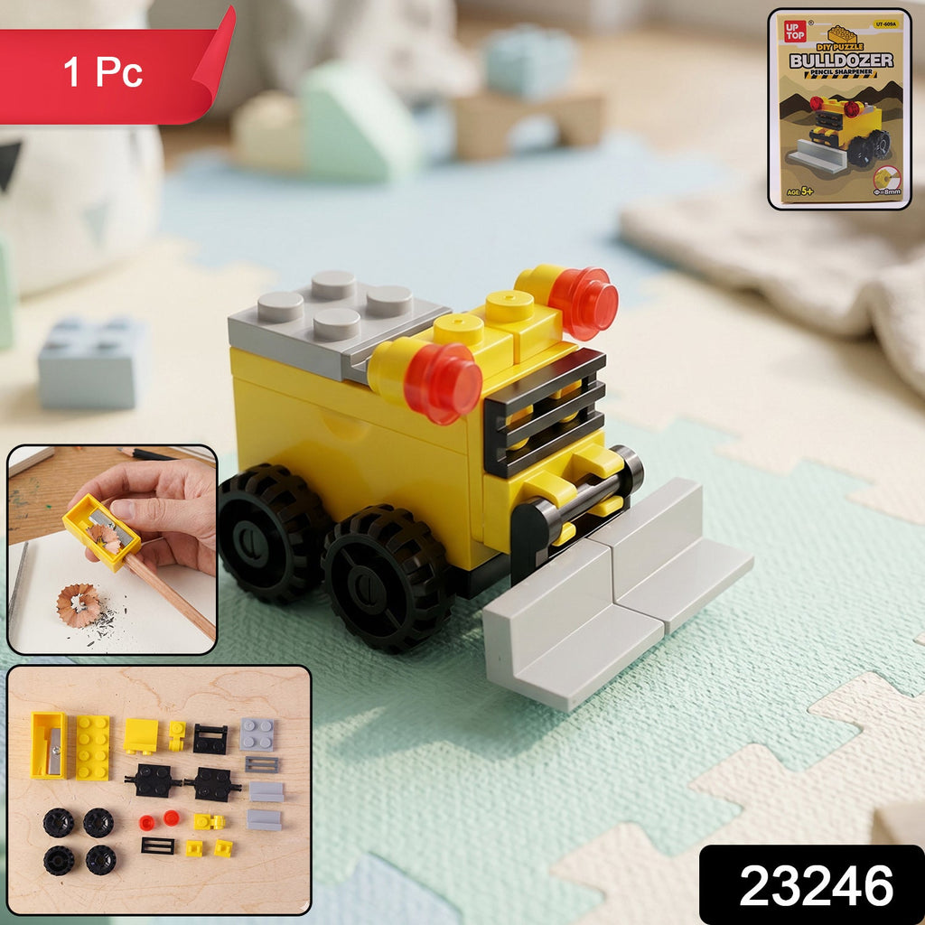 Colorful bulldozer-shaped pencil sharpener toy for children
