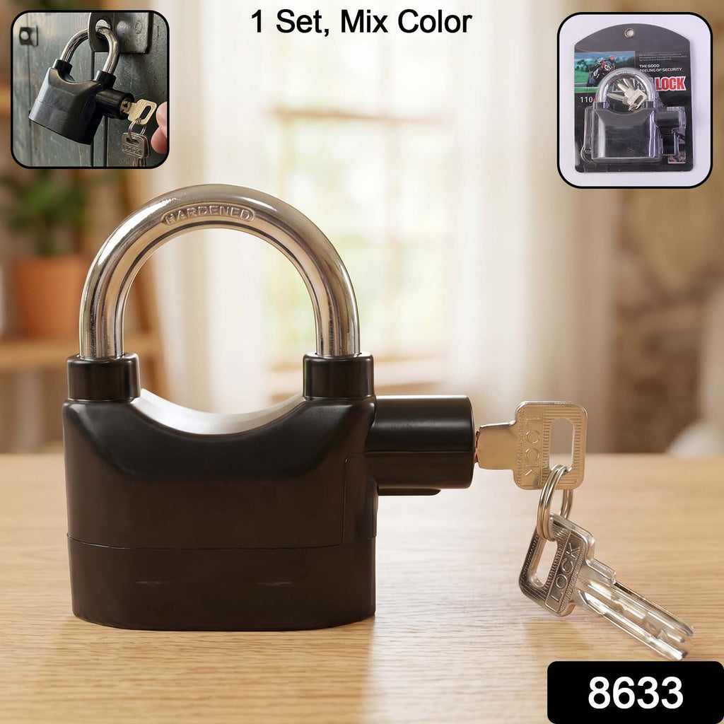 Close-up view of the keyhole and alarm sensor on the heavy-duty security padlock.