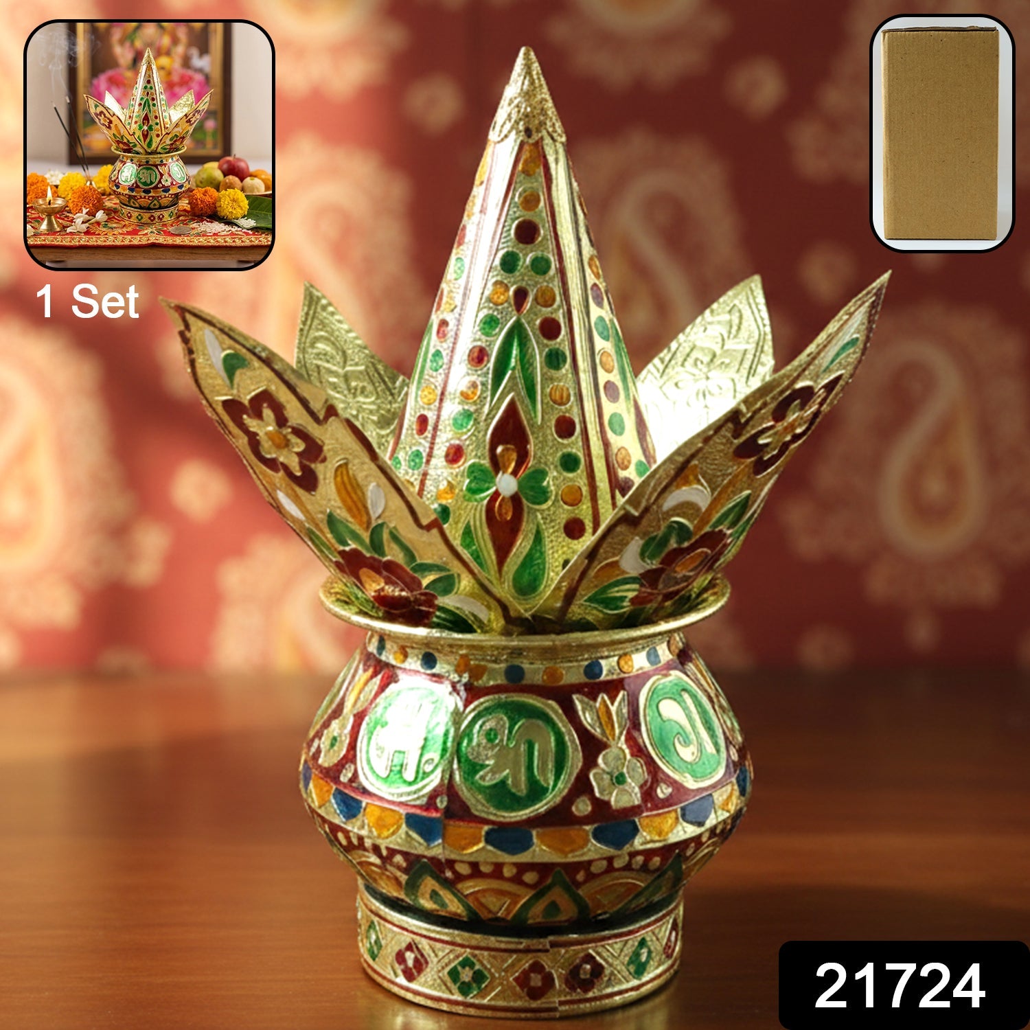 Close-up of pooja kalash featuring detailed traditional motifs for Hindu rituals