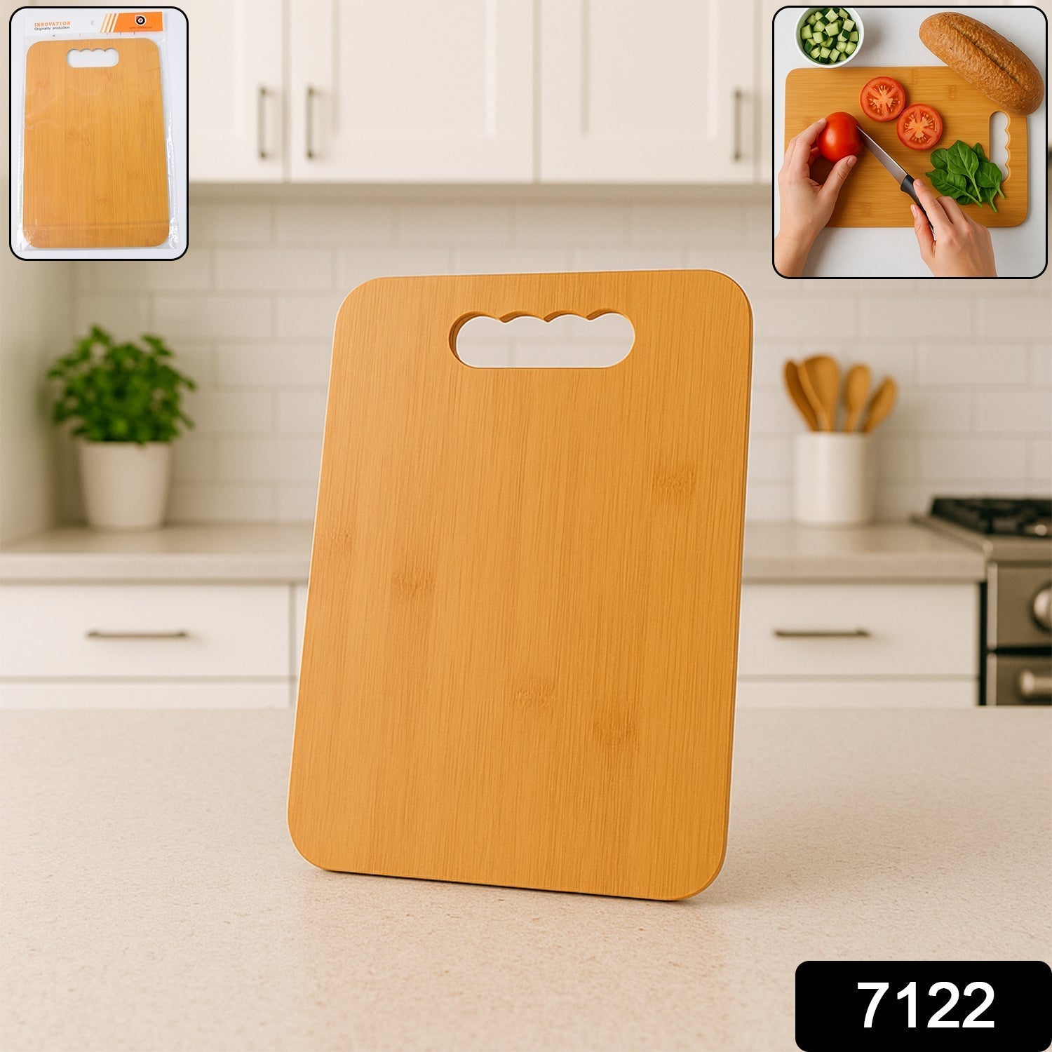 Side view of natural wooden chopping board showing finger hole for hanging