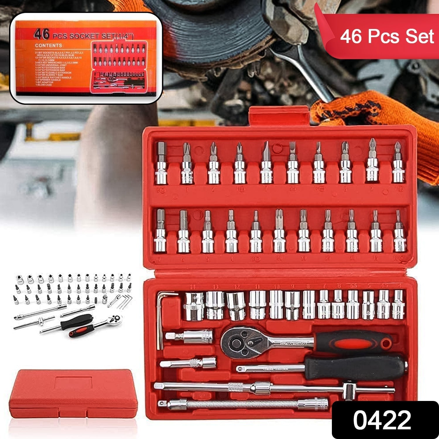 Detailed view of the 46-piece socket set showing various socket sizes and ratchet wrench