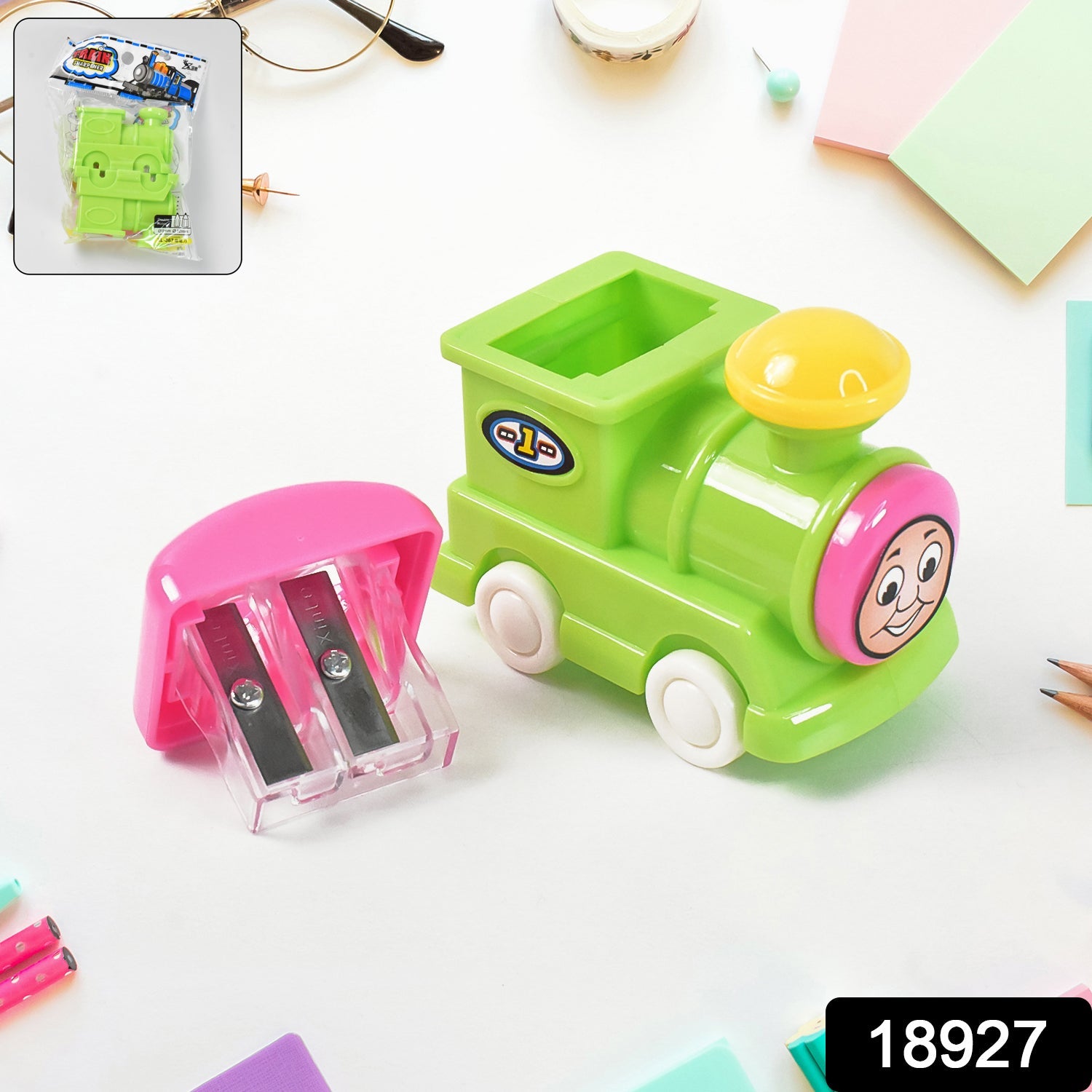 Sharpener placed on table showcasing compact design and train print