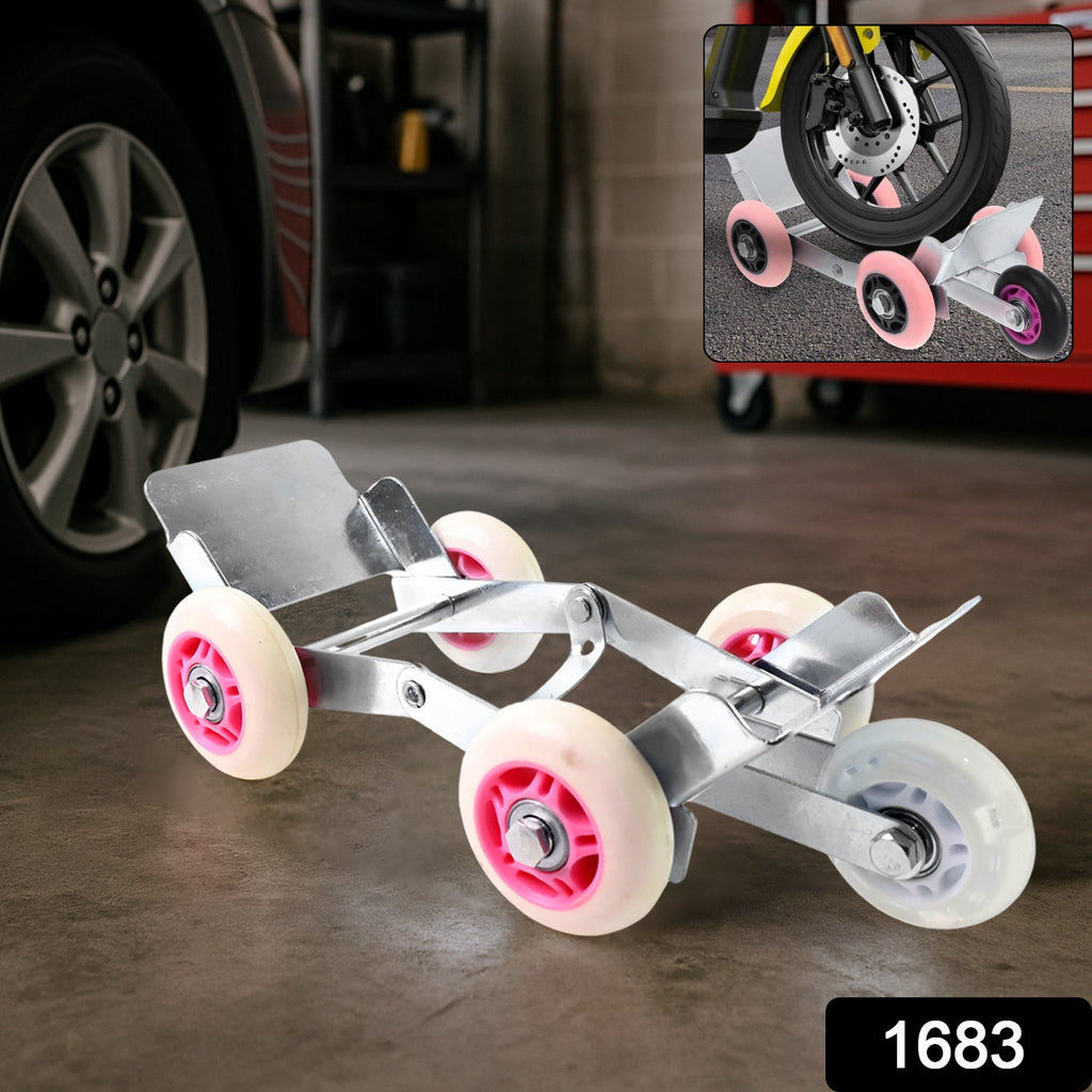 Underside view of the flat tire booster showing its four swivel wheels.